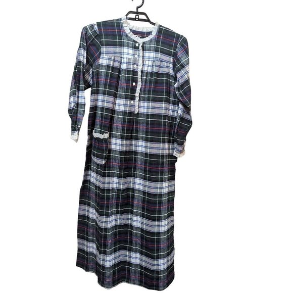 Vintage Carols Plaid Nightgown With Lace Trim & Buttons size L Blue green - Picture 1 of 7